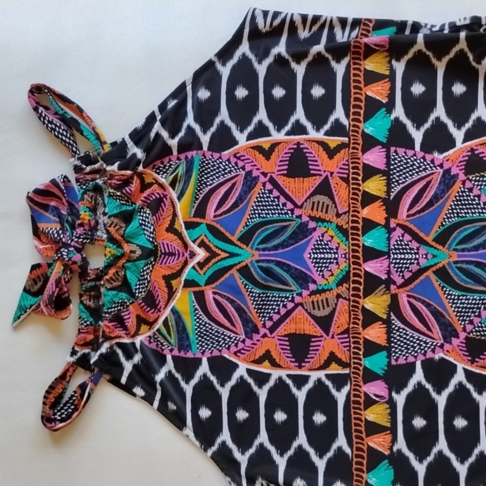 NWOT Trina Turk X Inc Halter Tassel Mini Dress M Tribal Print Tropical Geo - Picture 6 of 13